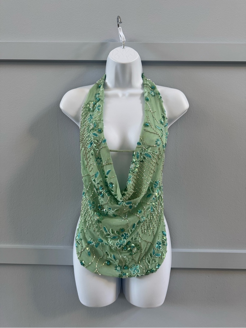 Green Beaded Cowl Neck Halter Top